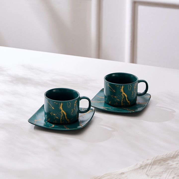 Set de 2 cesti cu 2 farfurioare, 180 ml - Verde marmorat auriu