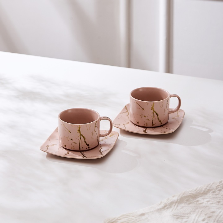 Set de 2 cesti cu 2 farfurioare, 180 ml - Roz pal marmorat