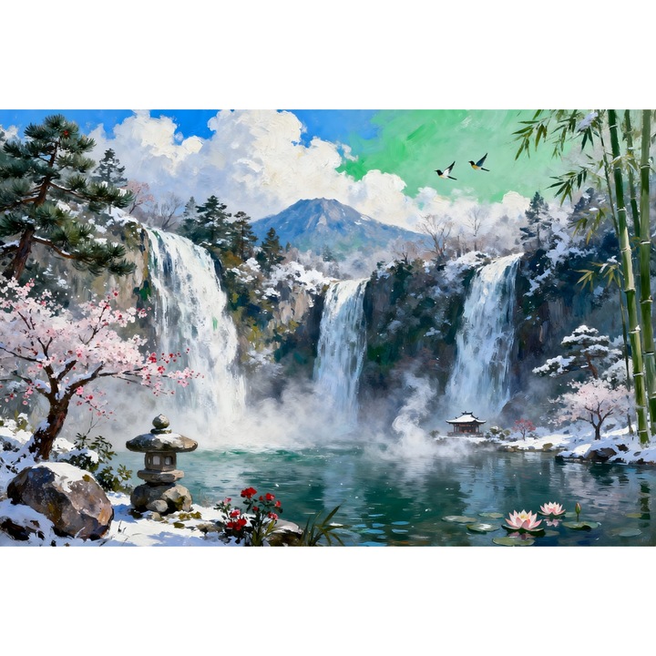 Tablou Canvas Cascada in japonia 4, 90x60 cm, natura, flori, lac, padure izvor, rau, stil pictura, sasiu de lemn, panza de bumbac 90%, agatatoare invizibilla