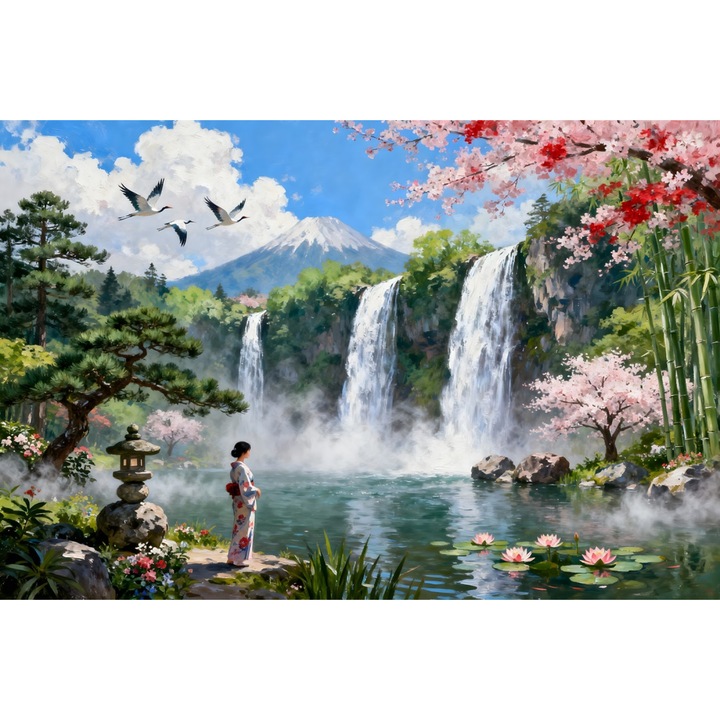 Tablou Canvas Cascada in japonia 9, 60x40 cm, natura, flori, lac, padure izvor, rau, stil pictura, sasiu de lemn, panza de bumbac 90%, agatatoare invizibilla