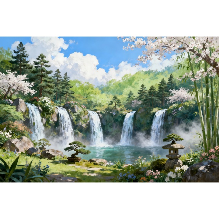 Tablou Canvas Cascada in japonia 13, 60x40 cm, natura, flori, lac, padure izvor, rau, stil pictura, sasiu de lemn, panza de bumbac 90%, agatatoare invizibilla