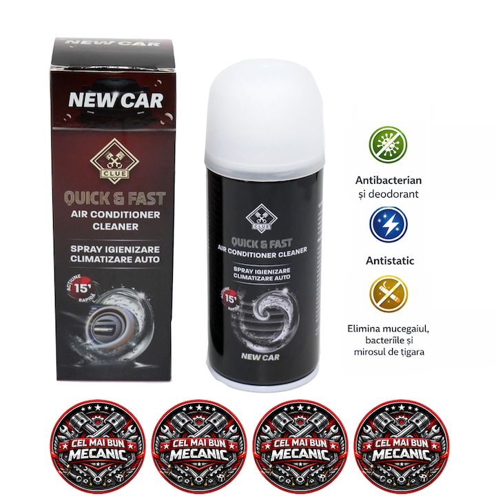 Spray igienizare climatizare auto CLUE, curatare instalatie aer conditionat, antibacterian si deodorant, elimina bacterii mucegai si mirosuri neplacute, pentru sistem AC auto, actiune rapida, 150 ml, New Car, 4x Stickere