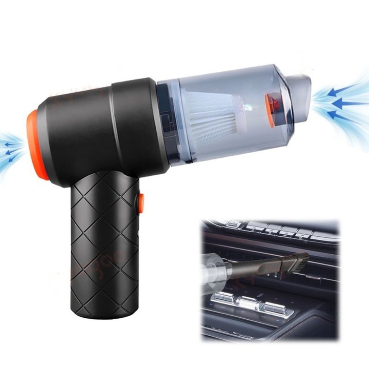 Mini Aspirator Auto 2 in 1 Portabil, PETTRA®, Aspiratie si Suflanta Pentru Masina si Casa, Autonomie 30min, Aspirare, Suflare, Vidare, Umflare, Aspirator pentru Masina si Casa, Incarcare USB, Negru, Utilizare Uscata