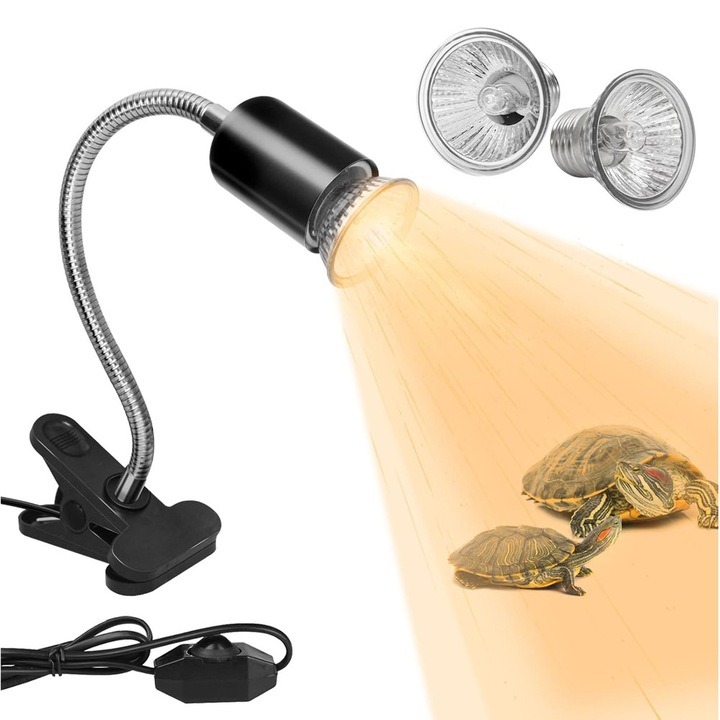 Lampa de caldura pentru reptile, BEEVME, UVB, rotativa 360 grade, 2 becuri, negru, 28.2x11.5x12.2 cm