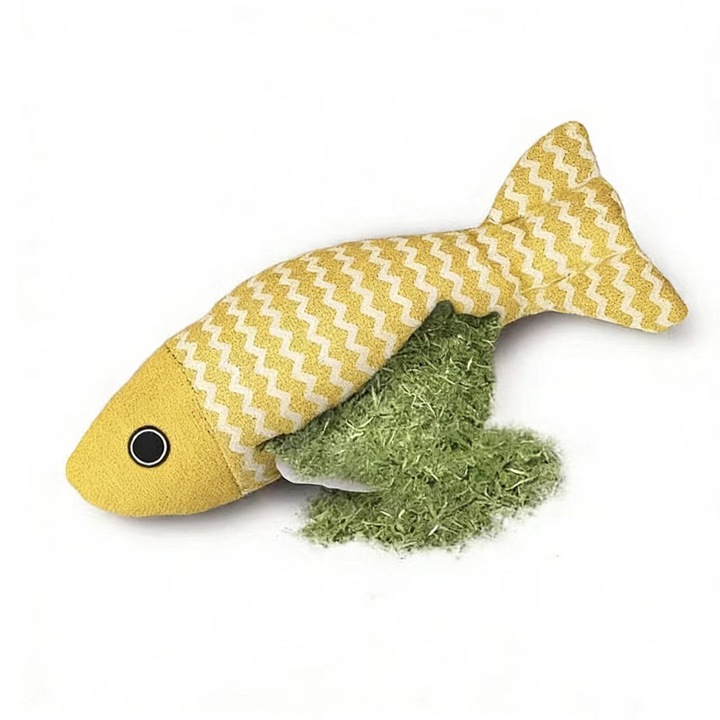 Jucarie pentru pisici, din plus, umpluta cu iarba de pisica, design realist, 30x10 cm, galben