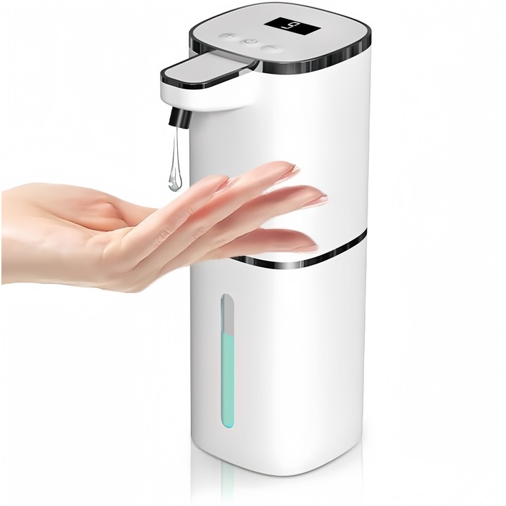 Automata Szappanadagoló, Folyékony, 380 ml, 9 Adagolási Fokozat, LED Kijelzővel, Szenzoros, Vízálló, Gyors USB-C Töltés, Falra Vagy Pultra Szerelhető, Fehér