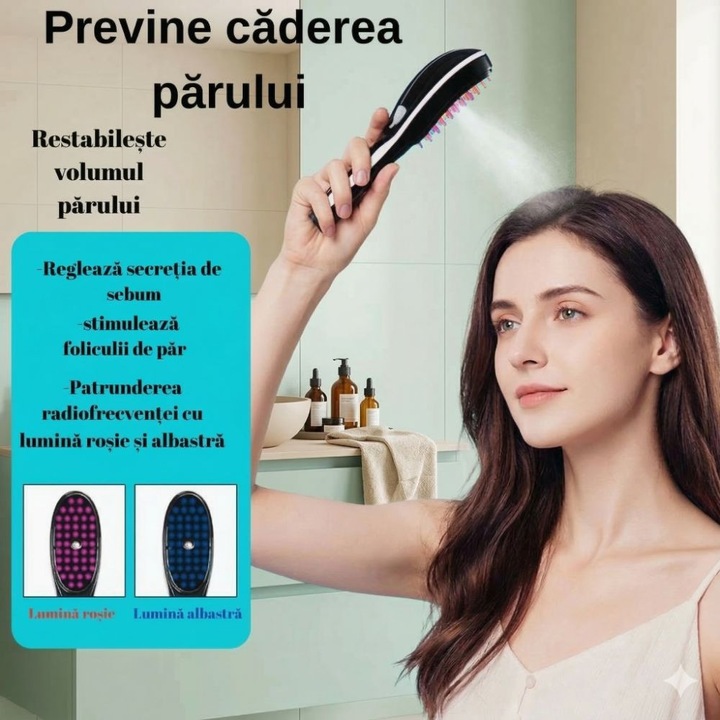 5. PERIE DE PAR ELECTRICA, PETTRA®, Profesionala, 46 Puncte Masaj Scalp, 3 Trepte Vibratii, Terapie Lumina Rosie si Albastra, Atomizare Ioni Negativi, Incarcare USB, Negru