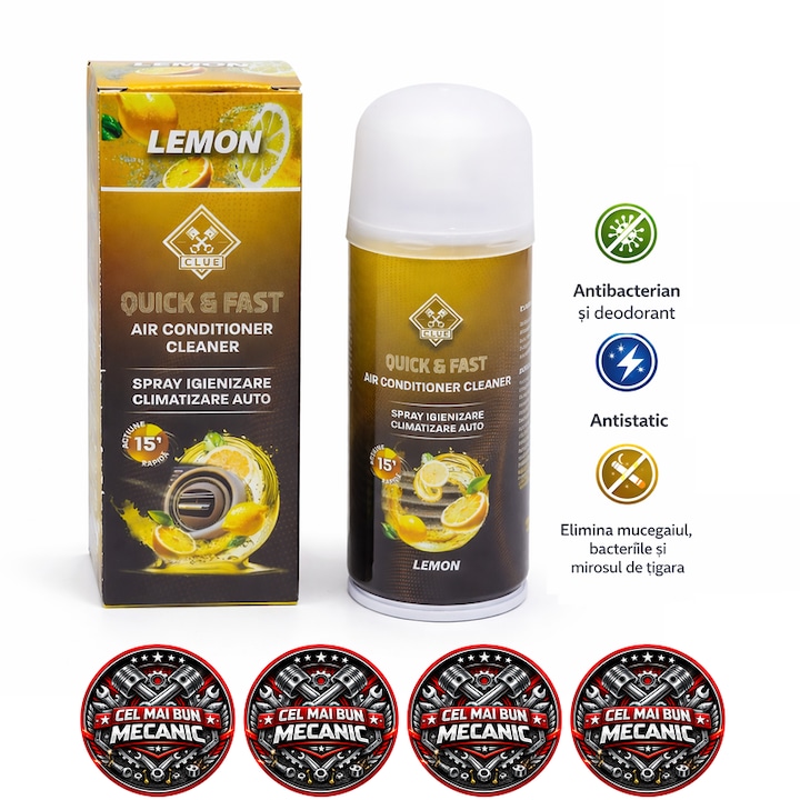Spray igienizare climatizare auto CLUE, curatare instalatie aer conditionat, antibacterian si deodorant, elimina bacterii mucegai si mirosuri neplacute, pentru sistem AC auto, actiune rapida, 150 ml, Lamaie, 4x Stickere