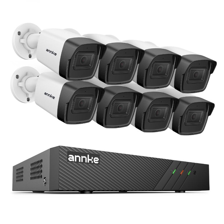 Sistem performant de supraveghere video ANNKE N98PBL+I51DL*8, PoE, NVR 8 canale, 8 camere tip Bullet interior/exterior 5MP, Ultra HD/2k+, vedere nocturna IR, audio, rezistent la intemperii