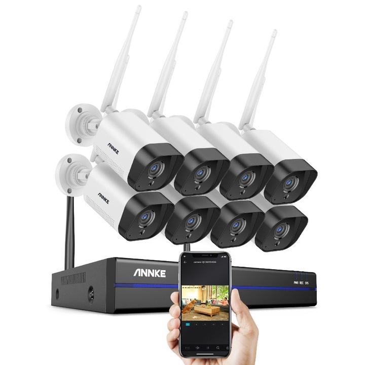 Sistem performant de supraveghere video WiFi ANNKE N48WHR+I71GK*8, NVR 8 canale, 8 camere tip Bullet interior/exterior 3MP, Super HD, vedere nocturna IR, audio, rezistent la intemperii