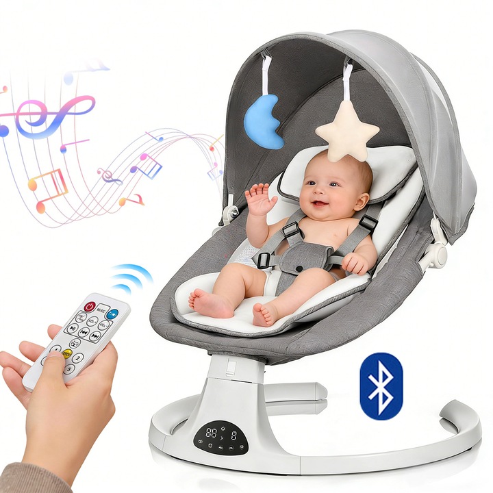Leagan Electric bebelusi, Yulinland, Acoperis rabatabil si plasa protectie tantari, telecomanda, Bluetooth, 5 viteze, 3 unghiuri, 10 cantece de leagan, temporizator, Cu jucarie, Gri