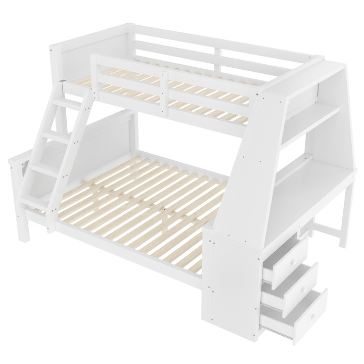 Pat supraetajat, Sweiko, 90x200cm/140x200cm, cu birou, spatiu de depozitare, alb