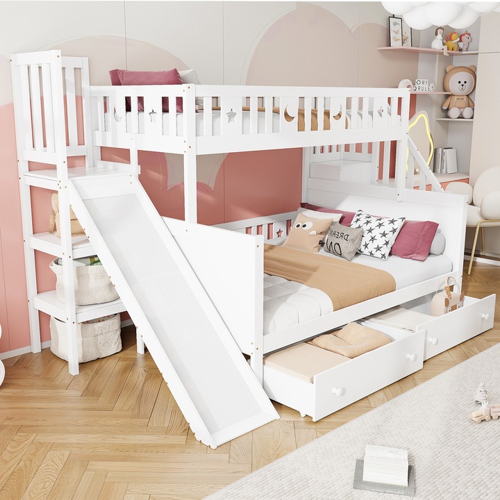 Pat etajat pentru copii, Sweiko, 90x200cm si 140x200cm, cu scara de siguranta, raft si 2 sertare, alb