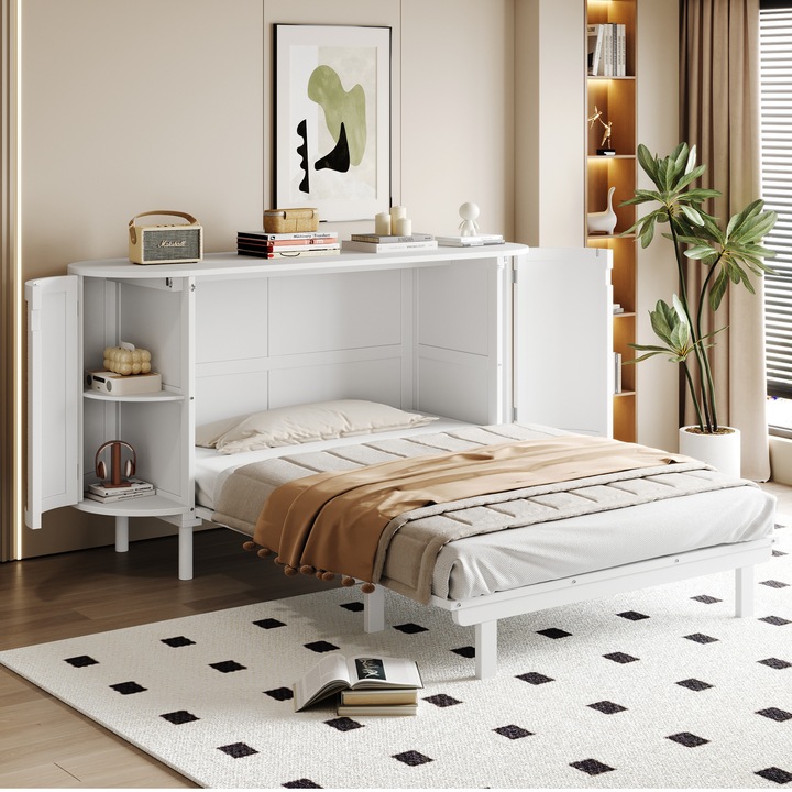 Pat pliant, Sweiko, 140x200 cm, alb, design rattan, cu compartimente de depozitare