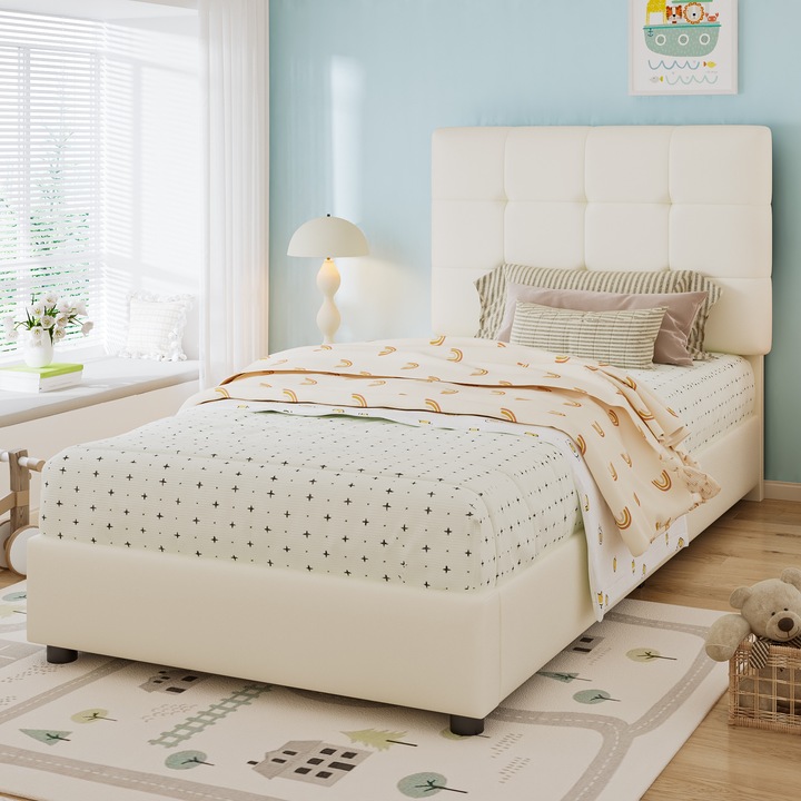 Pat tapitat pentru copii, Sweiko, 90x200cm, cap de pat in forma de biscuit, margini moi, bej