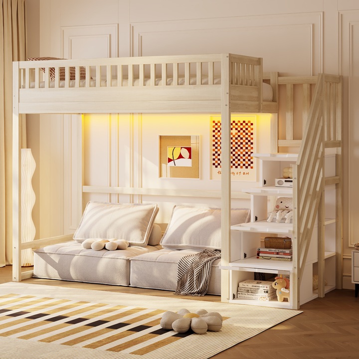 Pat loft, Sweiko, 140x200 cm, culoare lemn, scari cu depozitare, iluminare LED