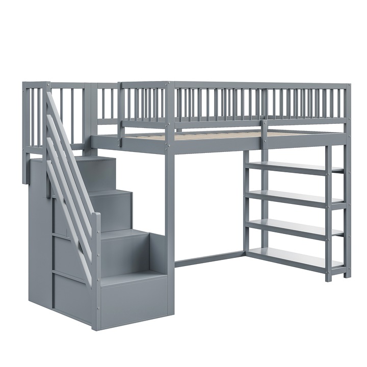 Pat supraetajat Sweiko 90x200cm, cu balustrada inalta, dulap si rafturi, gri