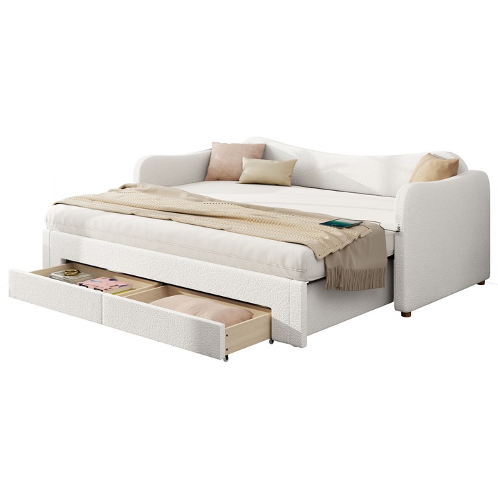 Canapea de zi, Sweiko, extensibilă 90x200cm, 180cm, bej boucle, cu sertare și USB