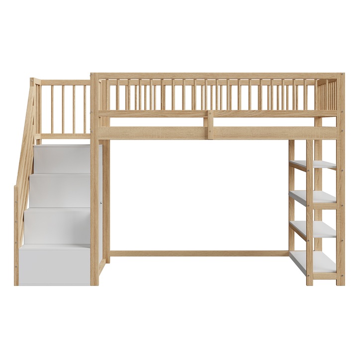 Pat supraetajat Sweiko, 90x200cm, cu balustrada inalta, dulap, rafturi, lemn