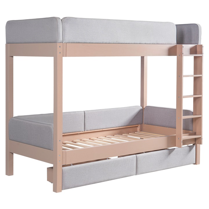 Pat etajat Sweiko, 90x200cm, gri+natural, cu 2 sertare, balustradă de siguranță, scara cu 4 trepte