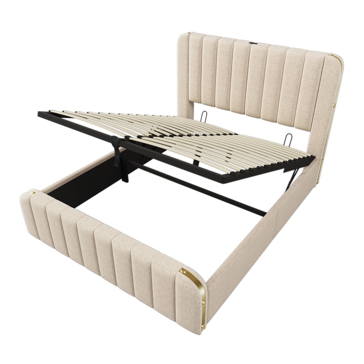 Pat cu spătar tapițat, Sweiko, hidraulic, cu funcție de încărcare USB-C, bej, 140x200 cm