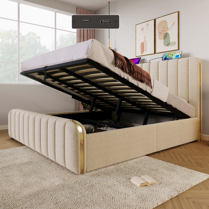 Pat tapitat 180x200, dublu, cu USB-C, dungi aurii, depozitare hidraulica, lenjerie, bej, fara covorase
