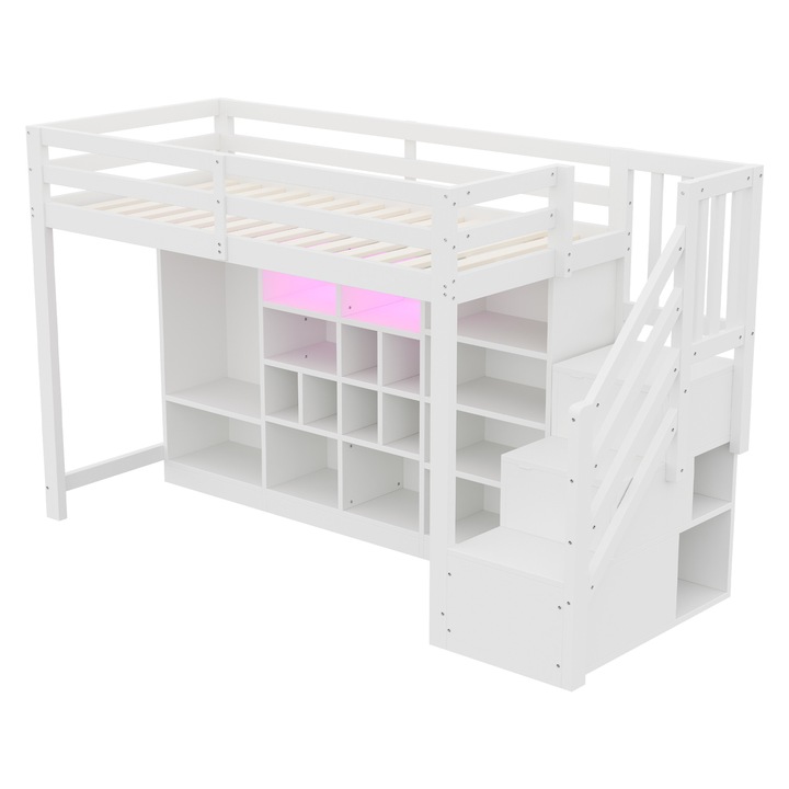 Pat loft pentru copii, Sweiko 90x200 cm, alb, cu spatiu de depozitare si LED, scara laterala