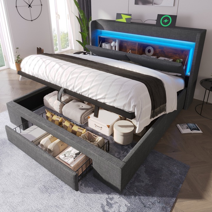 Pat tapitat Sweiko, 180x200 cm, cu depozitare hidraulica, LED, USB, gri, fara saltea