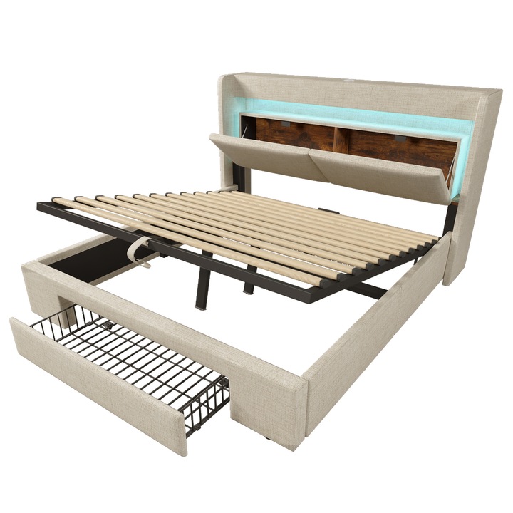 Pat tapitat Sweiko, 160x200 cm, hidraulic cu LED și USB, bej