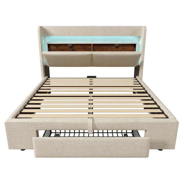 Pat tapitat cu spatiu de depozitare hidraulic, Sweiko, 140x200 cm, LED, USB, bej