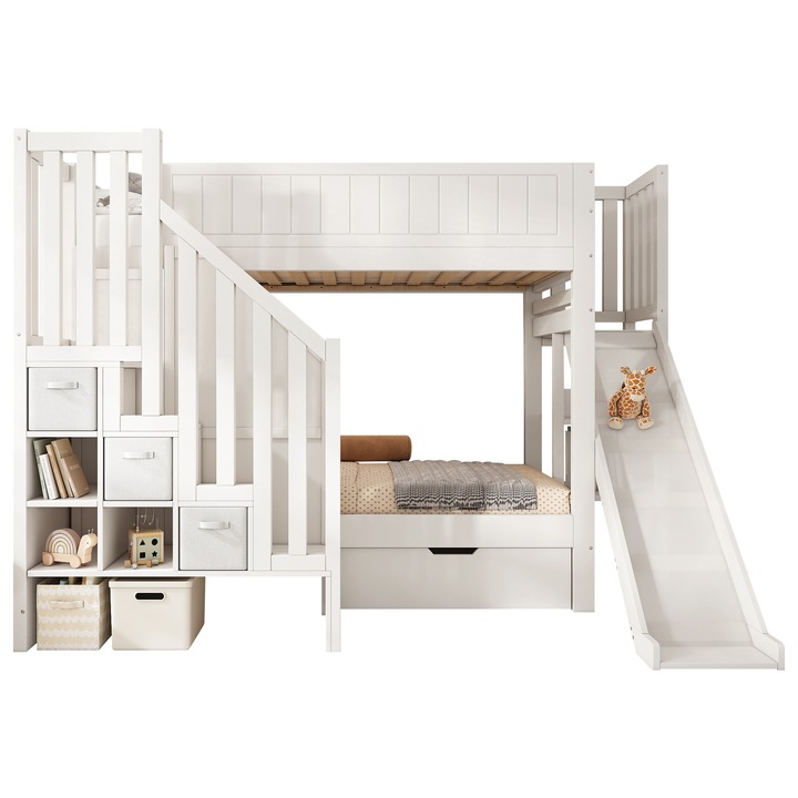 Pat etajat cu tobogan si sertare, Sweiko, 90x200 cm, alb, 2 locuri