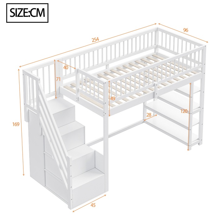 Pat loft Sweiko 90x200cm, alb, cu balustrada inalta si dulap, spatiu de depozitare