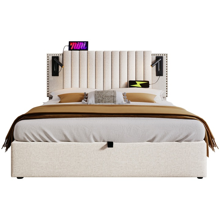 Pat tapitat cu tablie, Sweiko, 140x200 cm, lampa de citit, functie de incarcare USB, bej