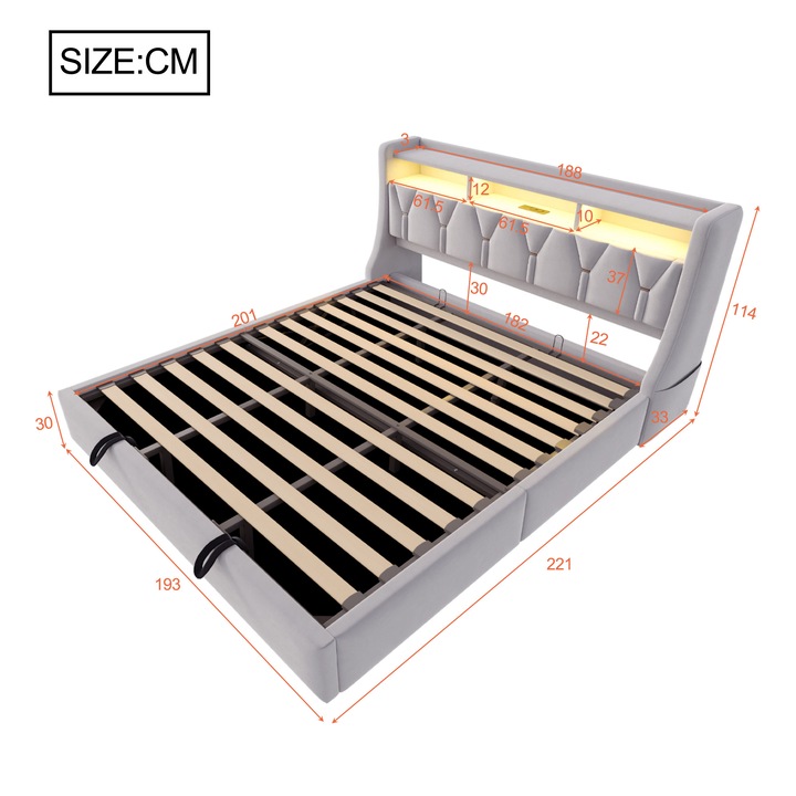 Pat tapitat Sweiko 180x200 cm, cu capitana rabatabila, raft si LED, gri deschis