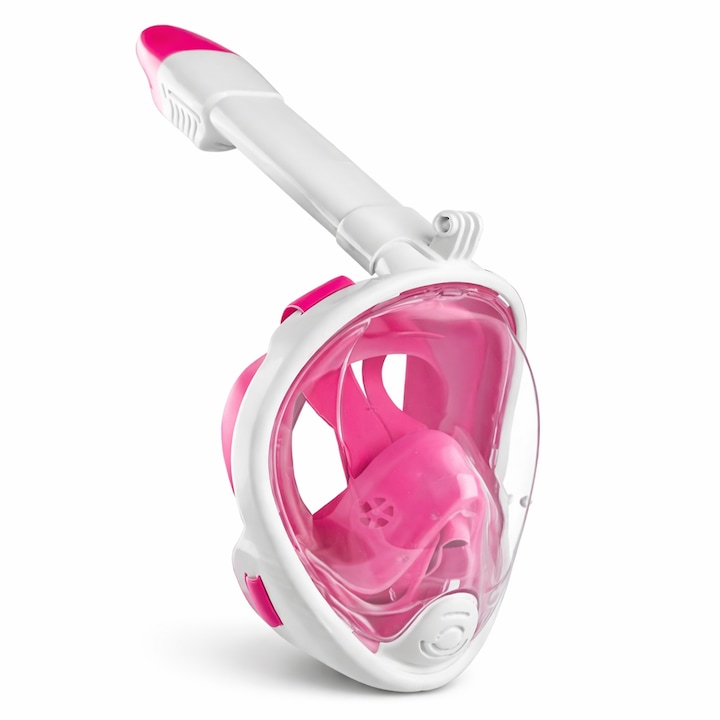 Masca snorkeling copii fata completa S/M, vizor panoramic 180°, sistem DryTop anti-inundare, anti-aburire, snorkel pliabil, pentru piscina si mare, roz alb