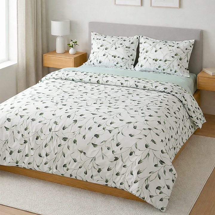 Lenjerie pat KING SIZE NufJoy® 100% BUMBAC RANFORCE, 4 Piese, cearsaf pat 240x260 cm, cearceaf pilota 200x230 cm, 2 fete perne 50x70, Calitate Premium, Cutie Cadou, CP65