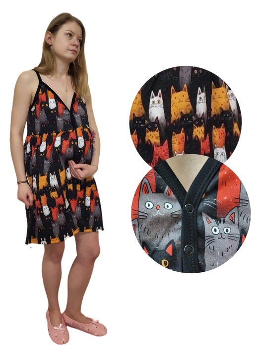 Pijamale dama, Dartomik, pentru alaptare, bumbac 100%, model pisicute