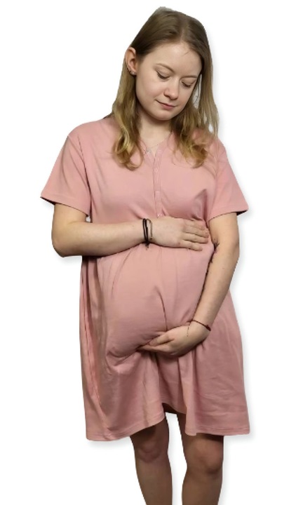 Pijamale dama, Dartomik, camasa de noapte maternitate, bumbac, maneca scurta, roz pudra