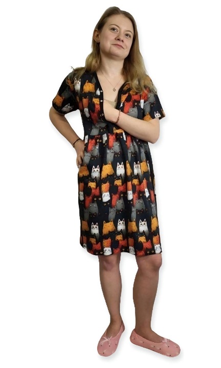 Pijamale dama, Dartomik, camasa de noapte pentru alaptare, model pisici, set cu body