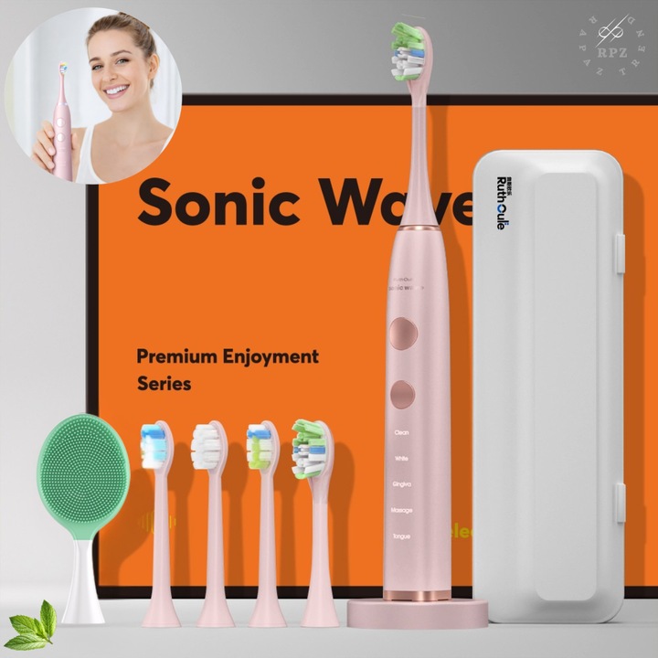 Сонична електрическа четка, за зъби RAPAZ® SmilePro V8pro, 48000Hz, автономност 360 дни, 15 режима, сензор за натиск, LED, IPX7, избелване на зъби, Multi-Speed, презареждаема батерия, 5V, за възрастни, розова