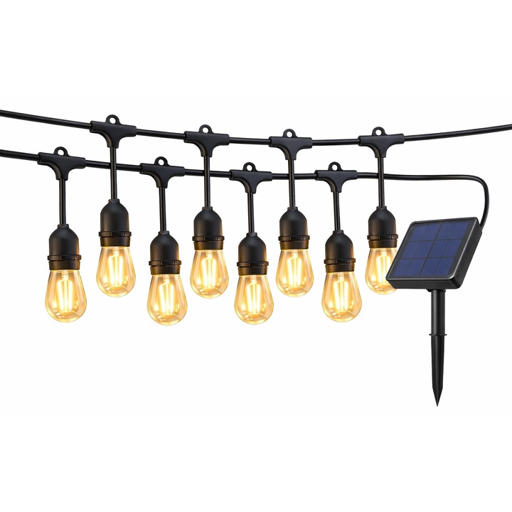 Ghirlanda luminoasa cu panou solar sau incarcare USB, Lungime 20 metri 20 Becuri LED, Lumina calda, Grad de protectie IP66