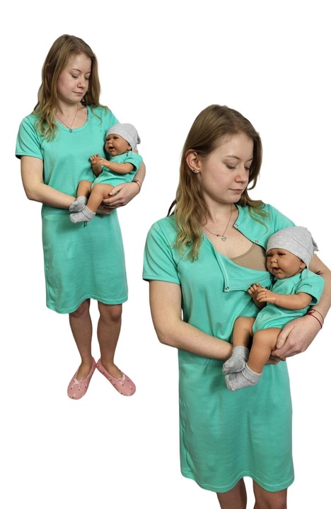 Pijamale dama Dartomik, camasa de noapte de alaptat cu maneca scurta, body pentru bebelus, bumbac 100%, verde menta