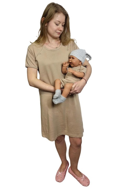 Pijamale dama, Dartomik, camasa de noapte de alaptat cu maneca scurta, bumbac 100%, deschidere laterala, bej
