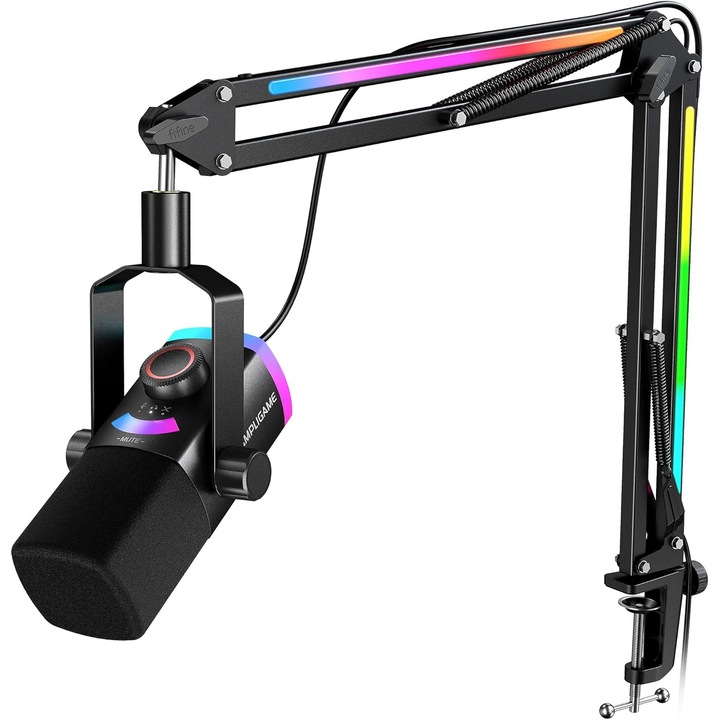 Microfon Profesional FIFINE AM8PROT cu Boom Arm RGB, Cardioid, Dinamic, Conexiune XLR/USB, Buton 3-in-1, Mute, Monitorizare Audio, Gaming, Podcast, Streaming, Negru