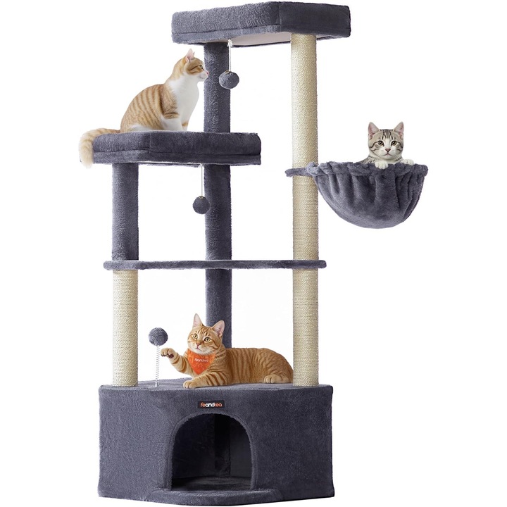 Котешки Ансамбъл за Игра Feandrea, Височина 140.7 см, с Къщичка, Хамак и 3 Плюшени Топки, Стълбове от Сезал, Тъмно Сив
