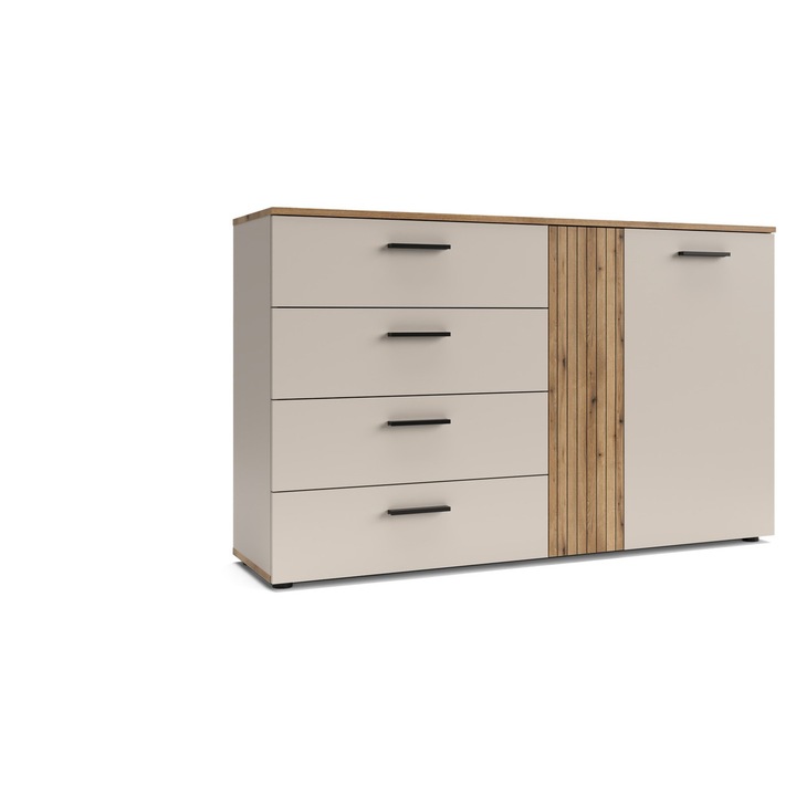 Модерен скрин, 139,4 см x 86 см височина x 38 см дълбочина, кашмир/дъб, с 4 чекмеджета и 2 врати, една врата с оребрен дизайн