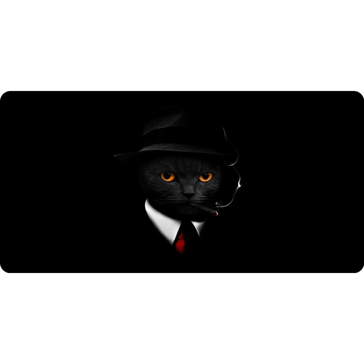 Mousepad Deskmat Black cat hat suis cigar scary 700x350x2mm margini drepte necusute Oktane