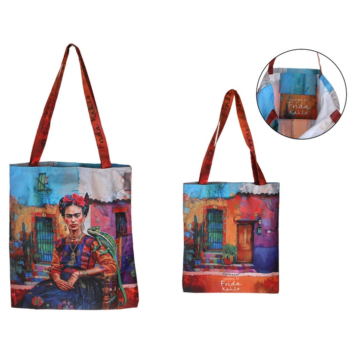 Чанта за рамо CARMANI Frida Kahlo, многоцветна, за пазаруване, с вътрешен джоб