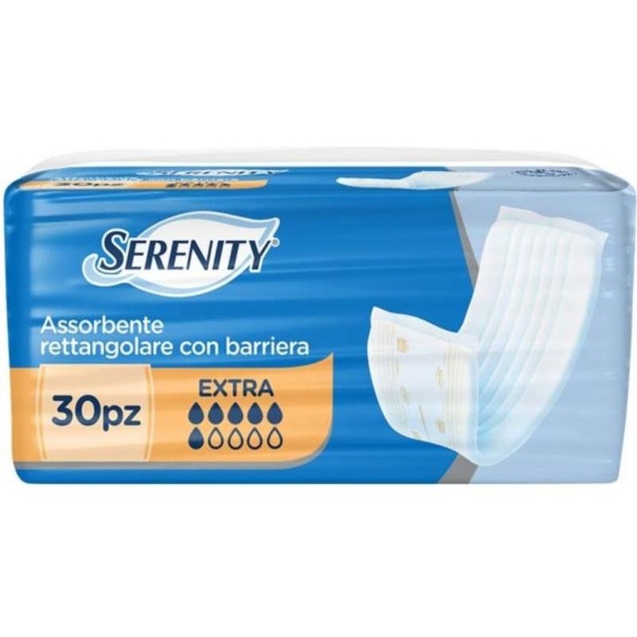 Absorbante igienice dreptunghiulare Serenity cu bariera, pachet de 30 de bucati, EXTRA, 6 PICATURI