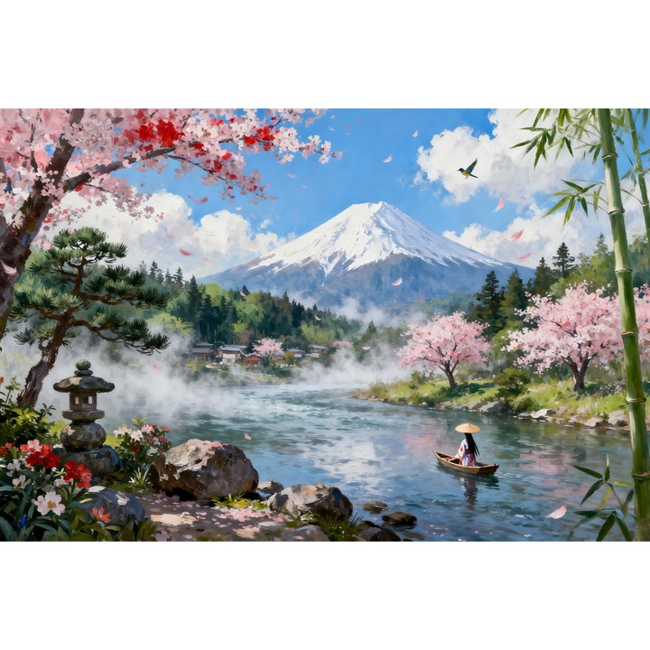 Tablou Canvas Peisaj in Japonia 24, 90x60 cm, natura, flori, lac, padure, rau, stil pictura, sasiu de lemn, panza de bumbac 90%, agatatoare invizibilla